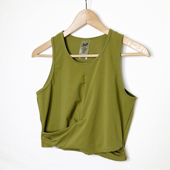 T L F Olive green, cinched, cropped work out athletic top - Picture 5 of 7